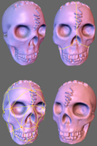 On the top left the original skull dataset with 3 floats per vertex. Going through two intermediate stages we construct a normal mesh (bottom right) with only 1 float per vertex.